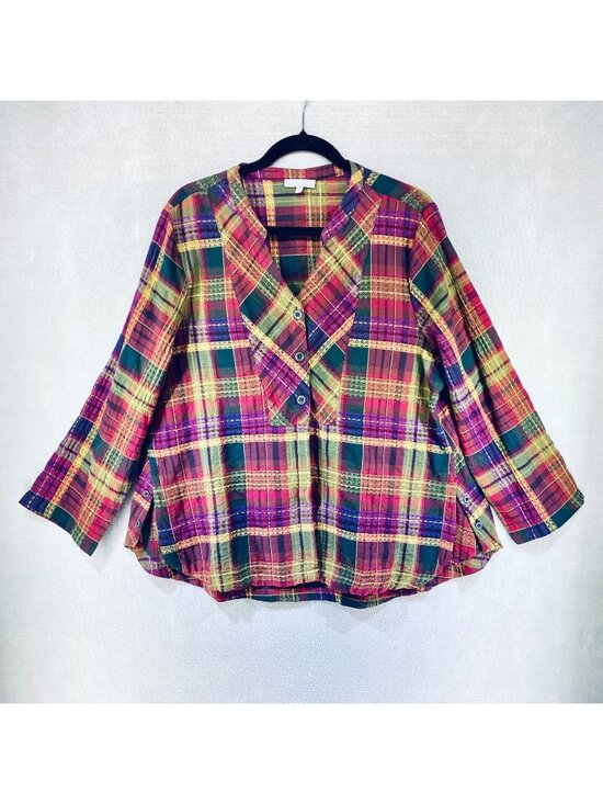 Habitat Tops - Habitat Top Womens M Multicolor Cotton Blend Plaid Blouse Sustainable Boho